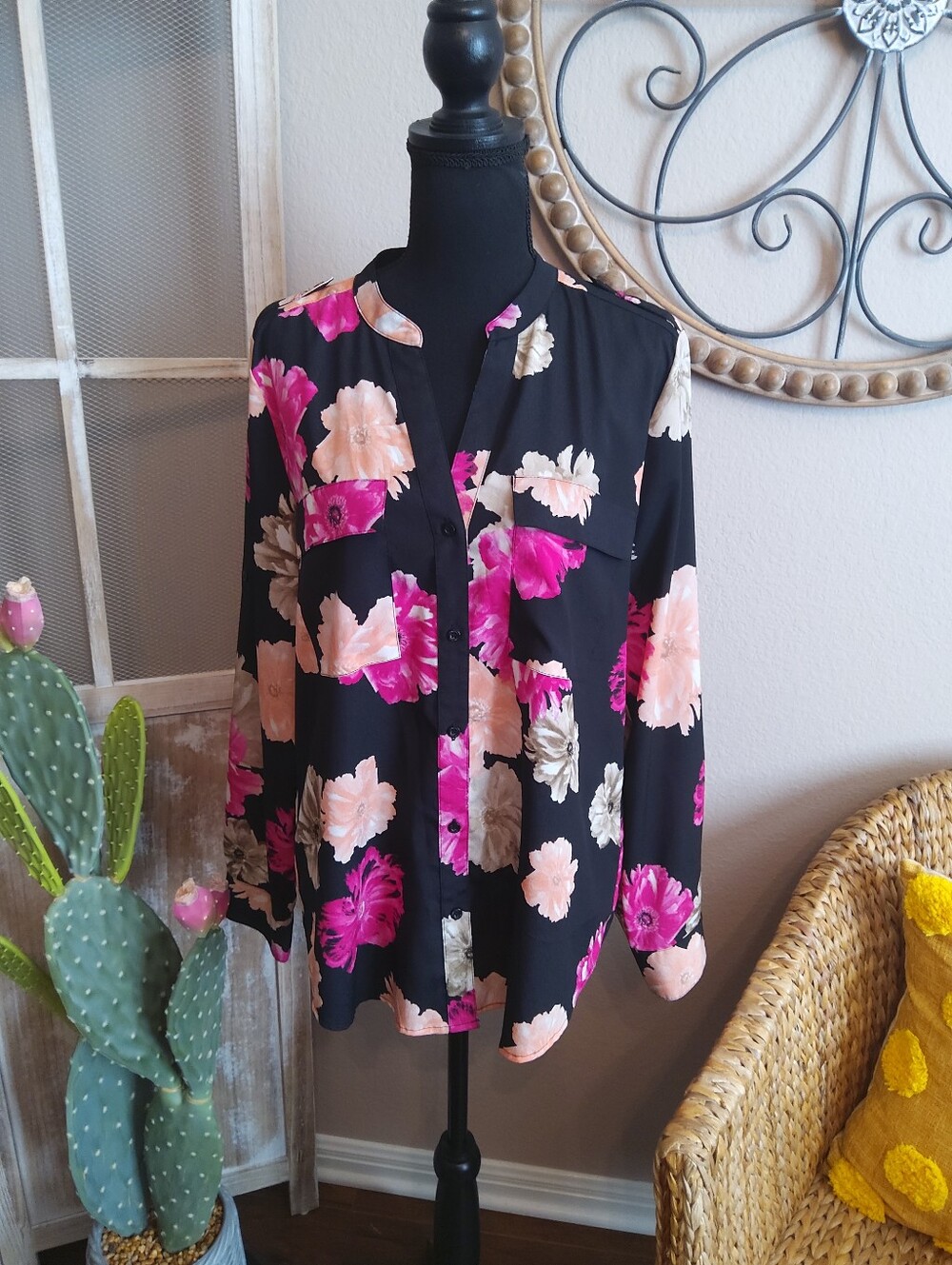 Calvin Klein Black Button-Down Blouse with Pink & Cream Floral Print